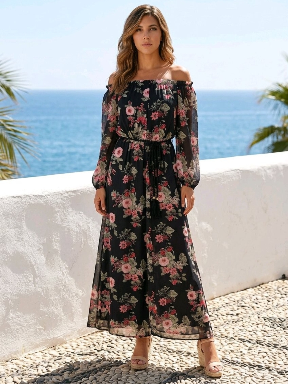 Nine West Black One-Shoulder Floral Maxi Dress with Pink Flowers